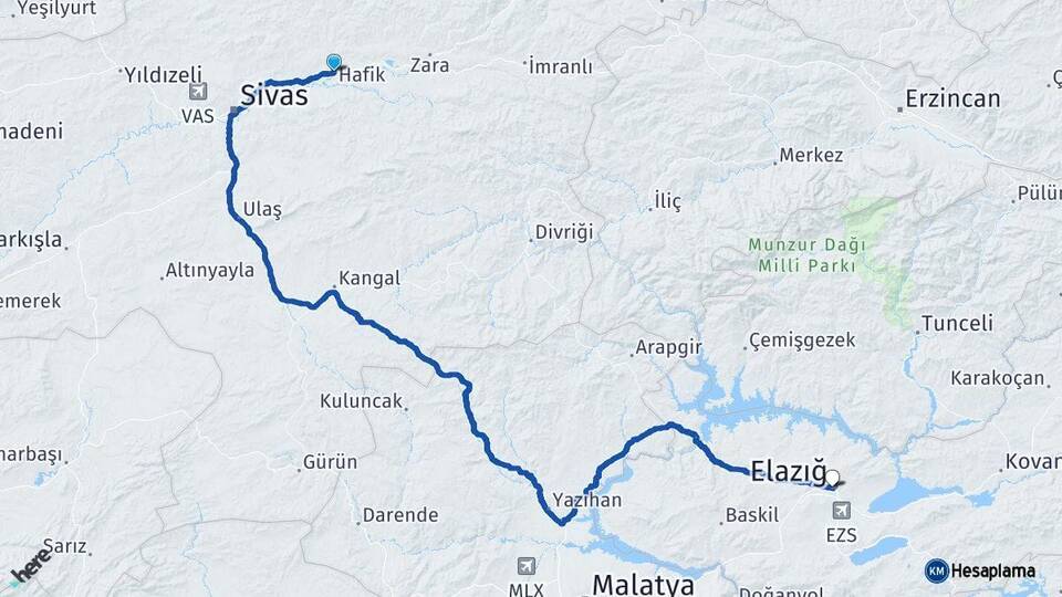 Sivas Hafik Elazığ Arası Kaç Km - Yol Haritası