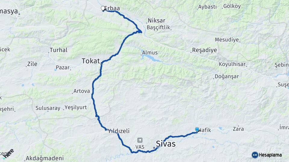 Sivas Hafik Erbaa Tokat Arası Kaç Km - Yol Haritası