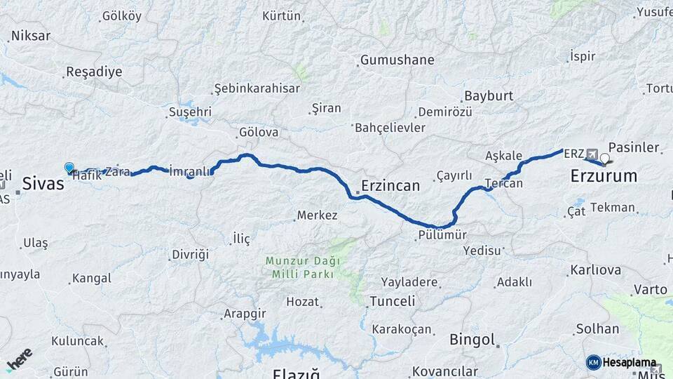 Sivas Hafik Erzurum Arası Kaç Km - Yol Haritası