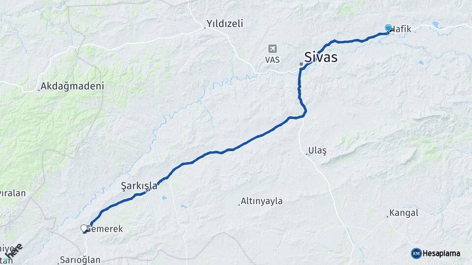 Sivas Hafik Gemerek Arası Kaç Km - Yol Haritası