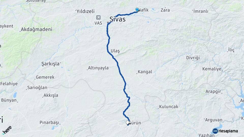 Sivas Hafik Gürün Arası Kaç Km - Yol Haritası