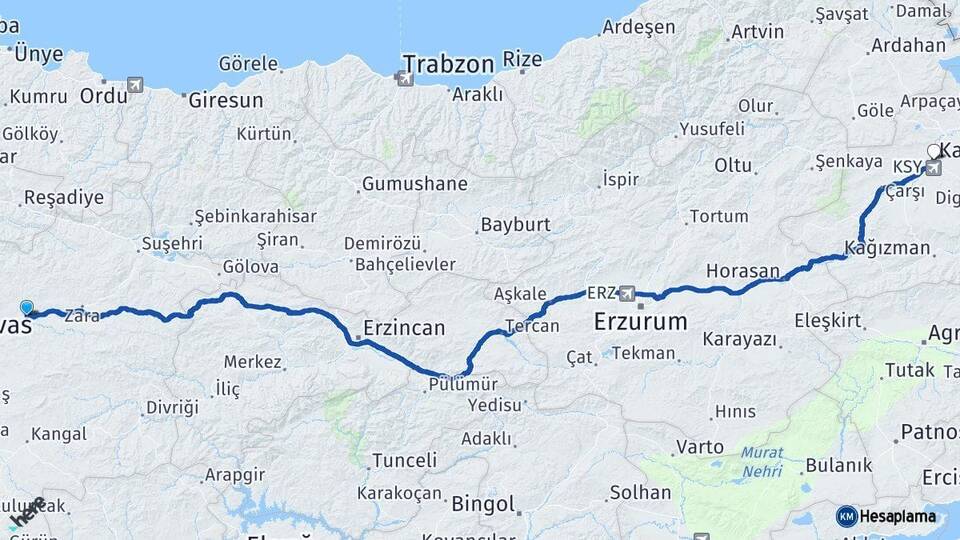 Sivas Hafik Kars Arası Kaç Km - Yol Haritası