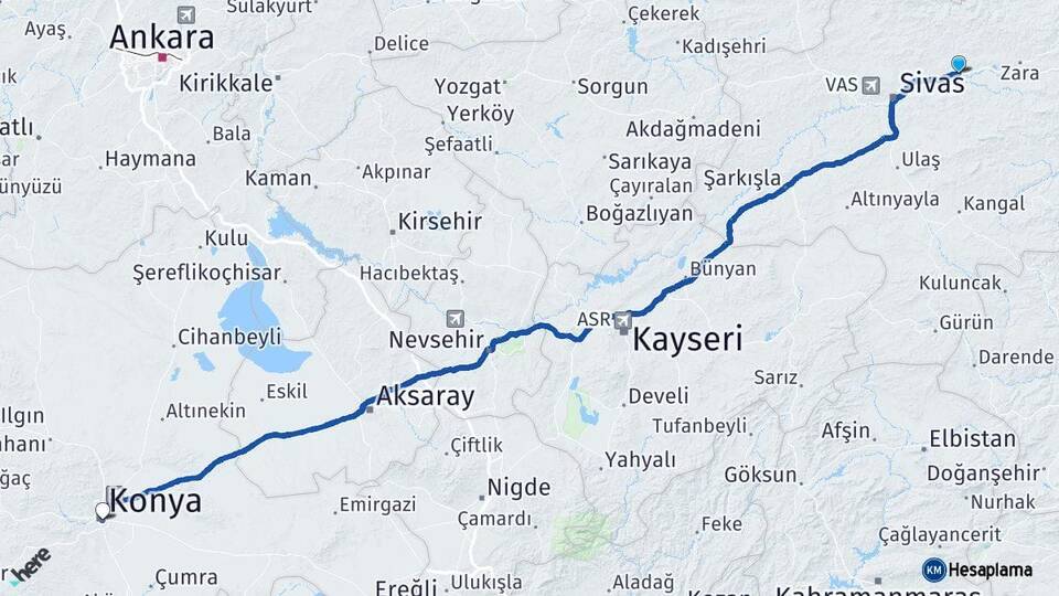 Sivas Hafik Konya Arası Kaç Km - Yol Haritası