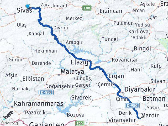 Sivas Hafik Mardin Arası Kaç Km - Yol Haritası