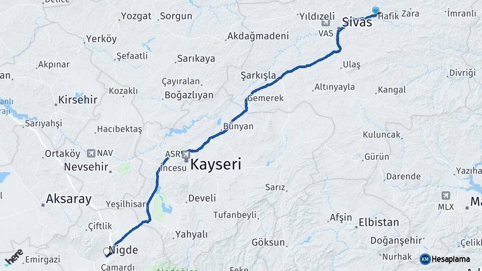 Sivas Hafik Niğde Arası Kaç Km - Yol Haritası