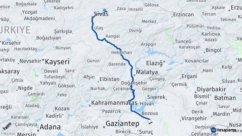 Sivas Hafik Şanlıurfa Arası Kaç Km - Yol Haritası