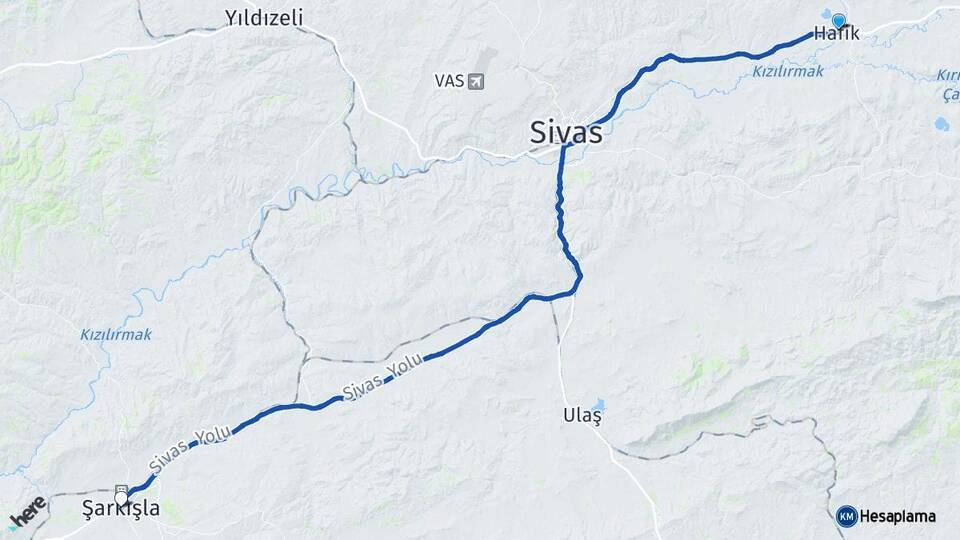 Sivas Hafik Şarkışla Arası Kaç Km - Yol Haritası