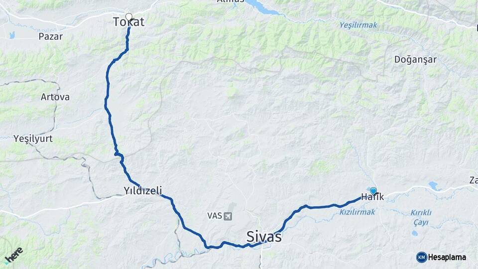 Sivas Hafik Tokat Arası Kaç Km - Yol Haritası