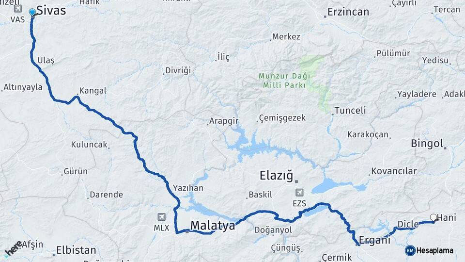 Sivas Hani Diyarbakır Arası Kaç Km - Yol Haritası