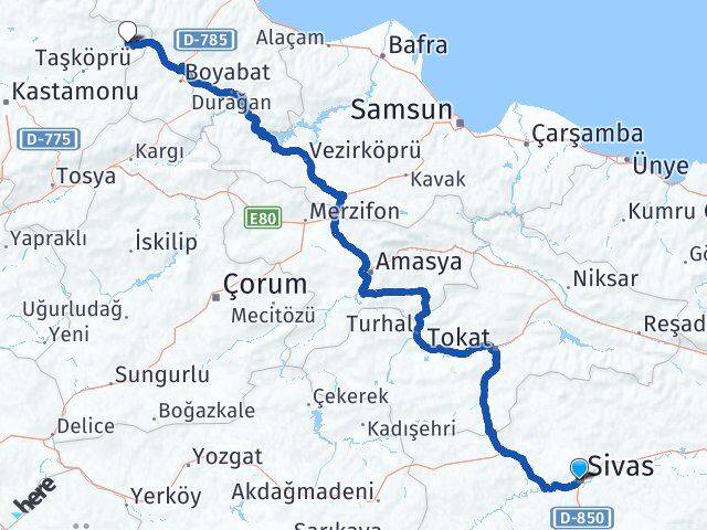 Sivas Hanönü Kastamonu Arası Kaç Km - Yol Haritası