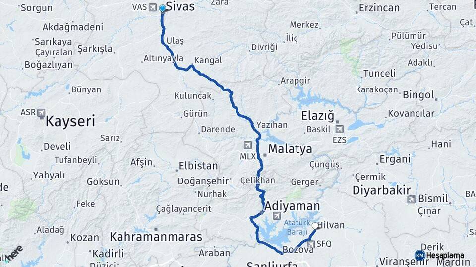Sivas Hilvan Şanlıurfa Arası Kaç Km - Yol Haritası