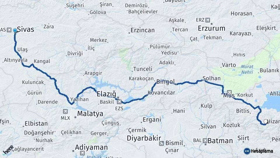 Sivas Hizan Bitlis Arası Kaç Km - Yol Haritası