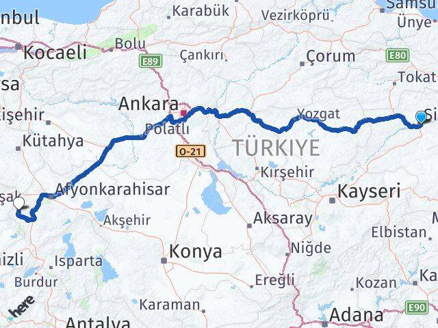 Sivas Hocalar Afyonkarahisar Arası Kaç Km - Yol Haritası