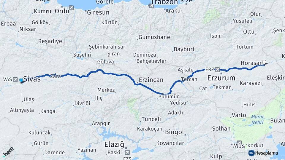 Sivas Horasan Erzurum Arası Kaç Km - Yol Haritası