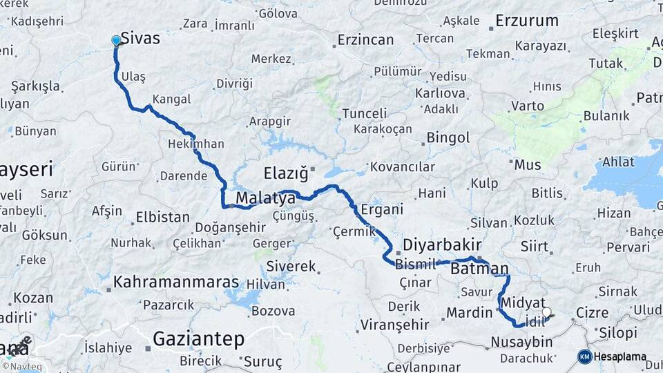 Sivas İdil Şırnak Arası Kaç Km - Yol Haritası
