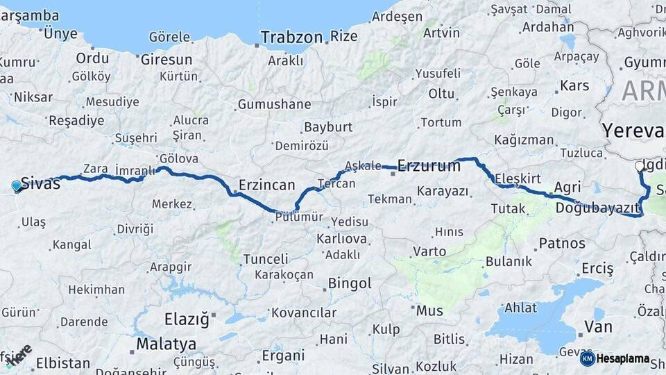 Sivas Iğdır Arası Kaç Km - Yol Haritası