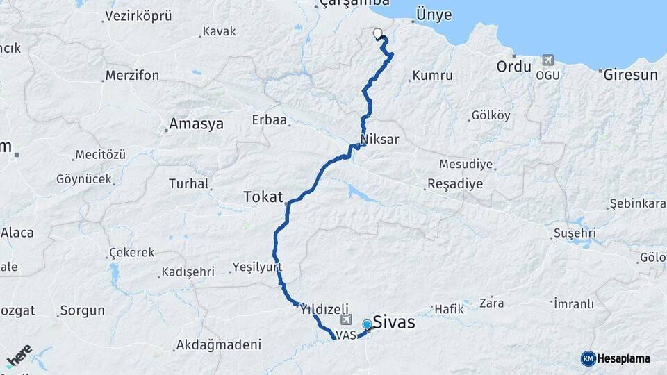 Sivas İkizce Ordu Arası Kaç Km - Yol Haritası