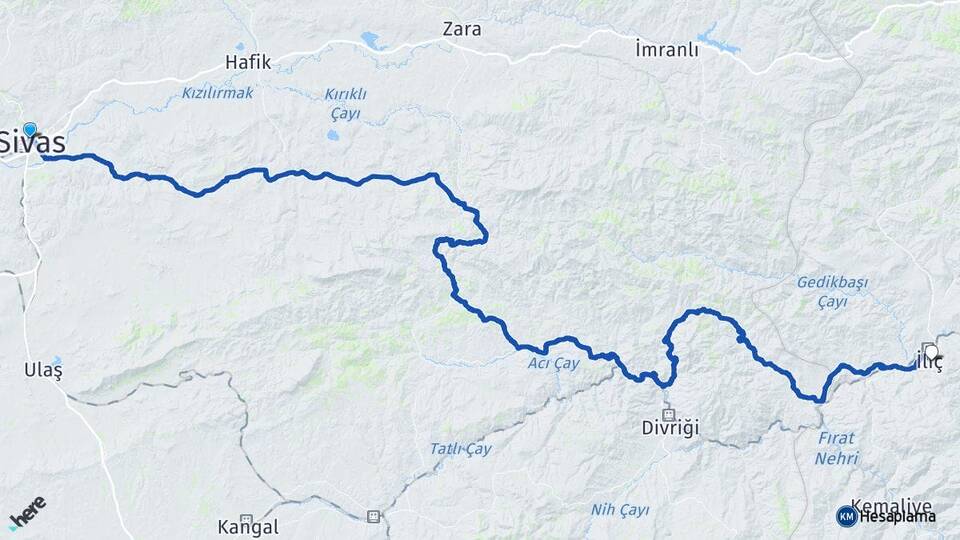 Sivas İliç Erzincan Arası Kaç Km - Yol Haritası