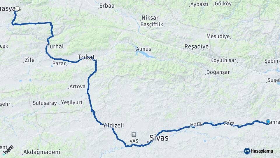 Sivas İmranlı Amasya Arası Kaç Km - Yol Haritası