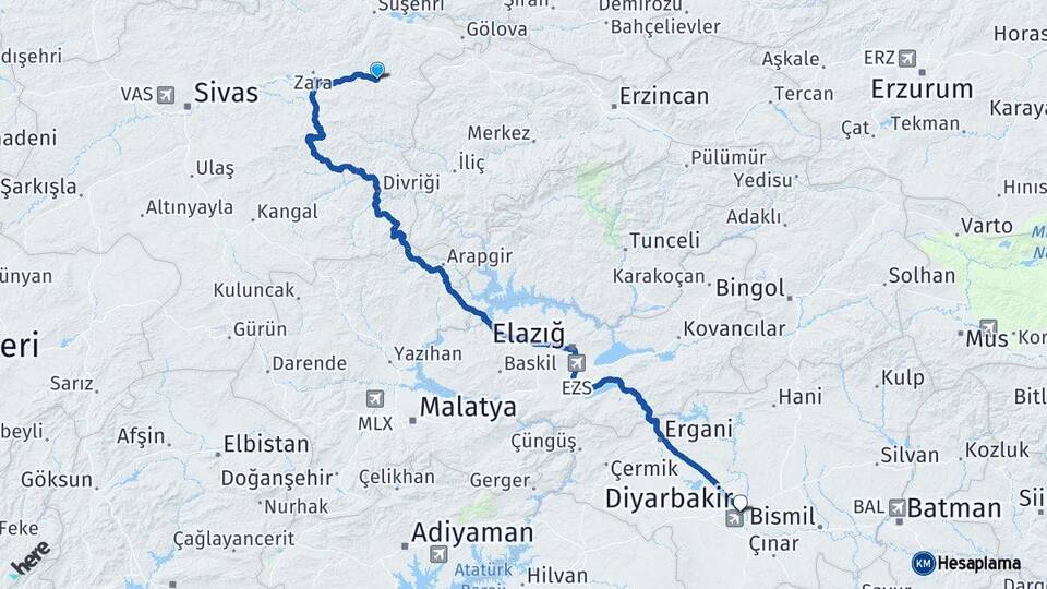 Sivas İmranlı Diyarbakır Arası Kaç Km - Yol Haritası