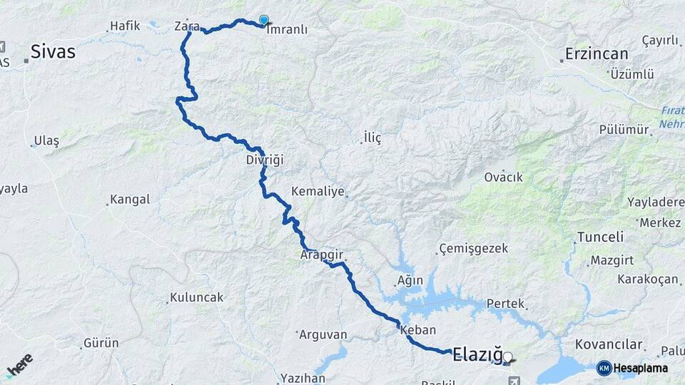 Sivas İmranlı Elazığ Arası Kaç Km - Yol Haritası