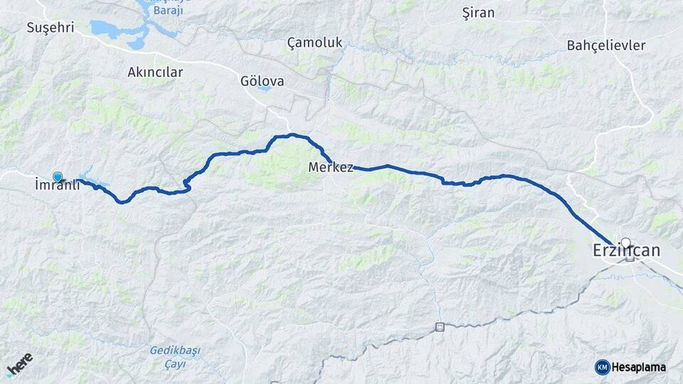 Sivas İmranlı Erzincan Arası Kaç Km - Yol Haritası
