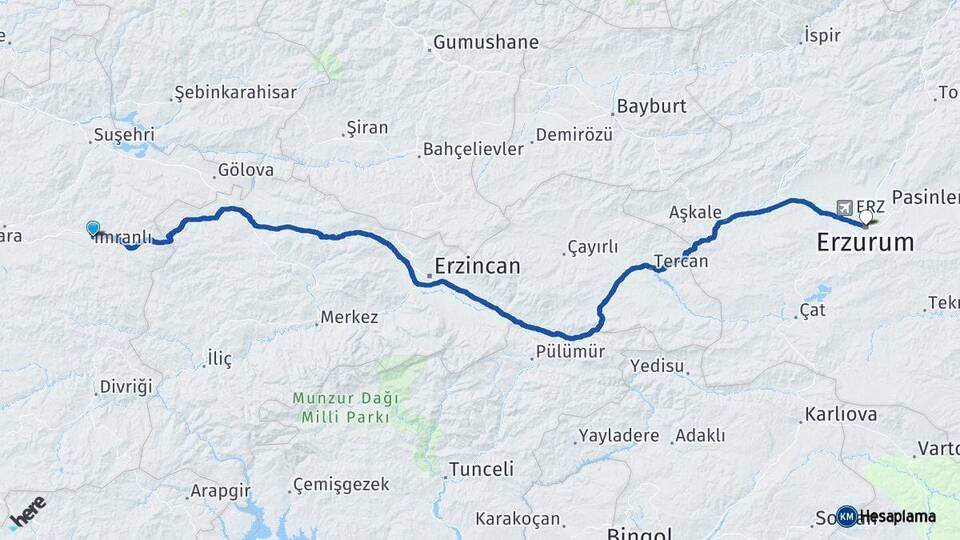 Sivas İmranlı Erzurum Arası Kaç Km - Yol Haritası