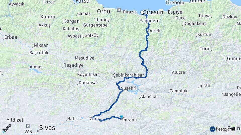 Sivas İmranlı Giresun Arası Kaç Km - Yol Haritası