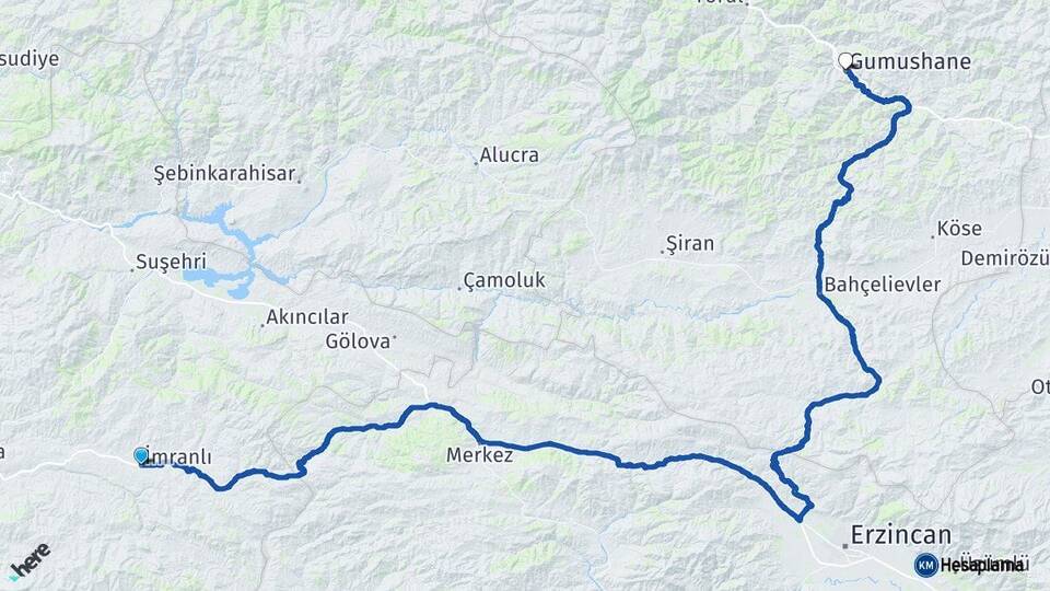 Sivas İmranlı Gümüşhane Arası Kaç Km - Yol Haritası