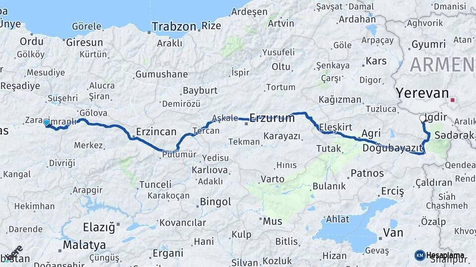 Sivas İmranlı Iğdır Arası Kaç Km - Yol Haritası