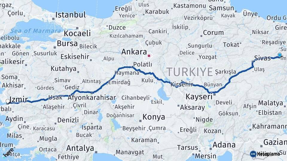Sivas İmranlı İzmir Arası Kaç Km - Yol Haritası
