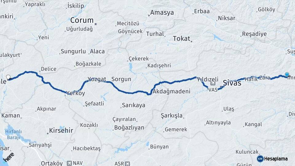 Sivas İmranlı Kırıkkale Arası Kaç Km - Yol Haritası