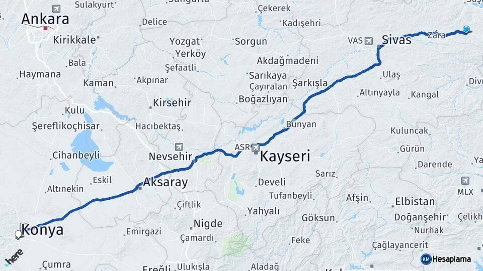 Sivas İmranlı Konya Arası Kaç Km - Yol Haritası