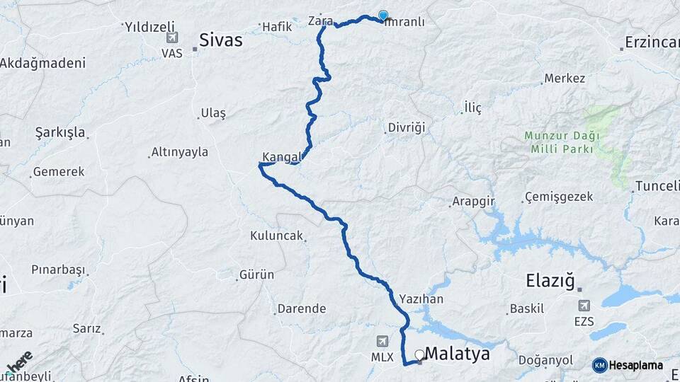 Sivas İmranlı Malatya Arası Kaç Km - Yol Haritası