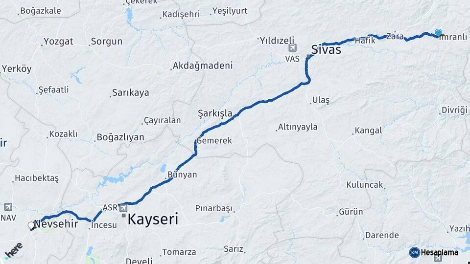 Sivas İmranlı Nevşehir Arası Kaç Km - Yol Haritası