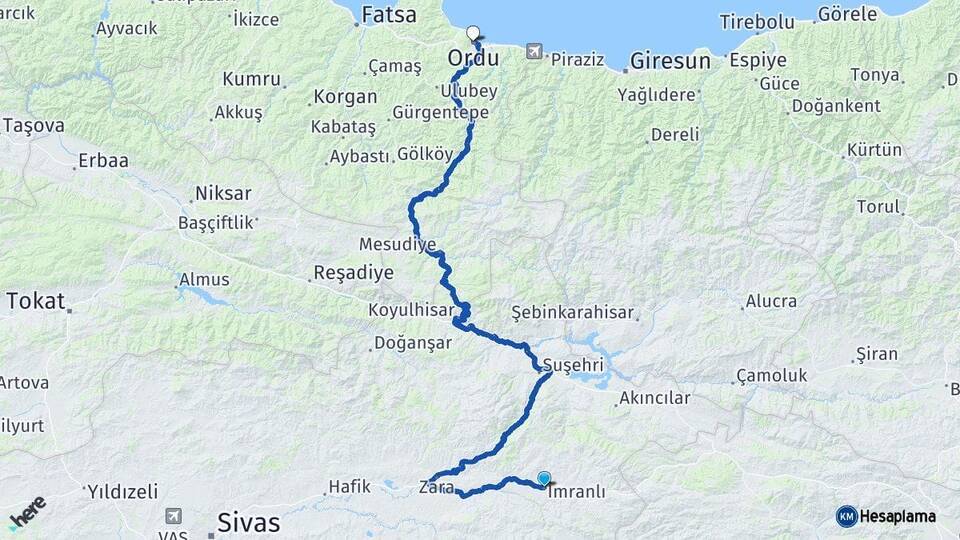 Sivas İmranlı Ordu Arası Kaç Km - Yol Haritası