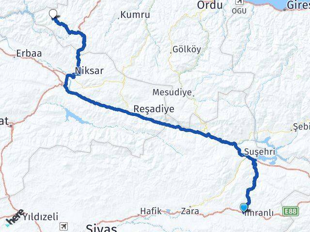 Sivas İmranlı Salman Akkuş Ordu Arası Kaç Km - Yol Haritası