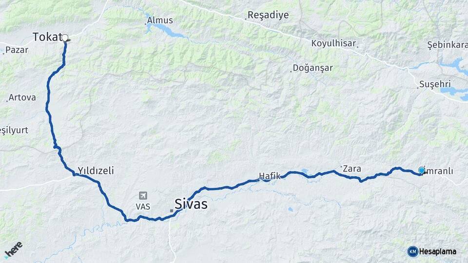 Sivas İmranlı Tokat Arası Kaç Km - Yol Haritası