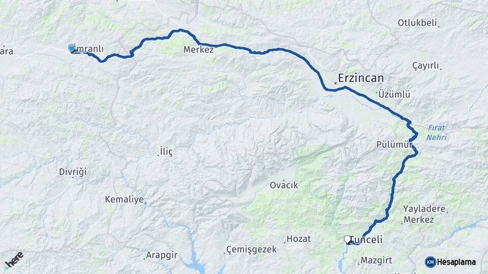 Sivas İmranlı Tunceli Arası Kaç Km - Yol Haritası
