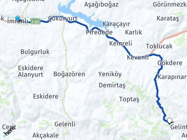 Sivas İmranlı Uyanık İmranlı Arası Kaç Km - Yol Haritası