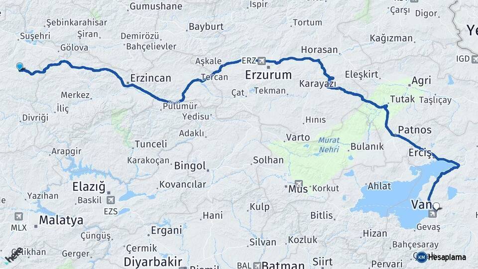 Sivas İmranlı Van Arası Kaç Km - Yol Haritası