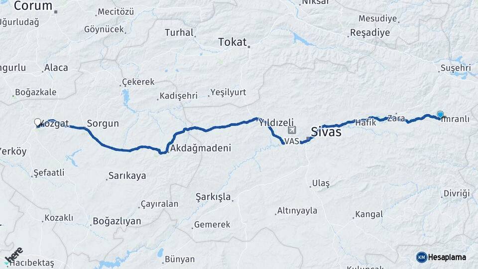Sivas İmranlı Yozgat Arası Kaç Km - Yol Haritası