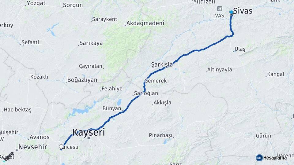 Sivas İncesu Kayseri Arası Kaç Km - Yol Haritası