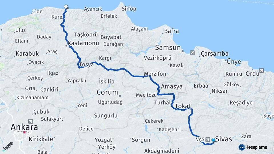 Sivas İnebolu Kastamonu Arası Kaç Km - Yol Haritası