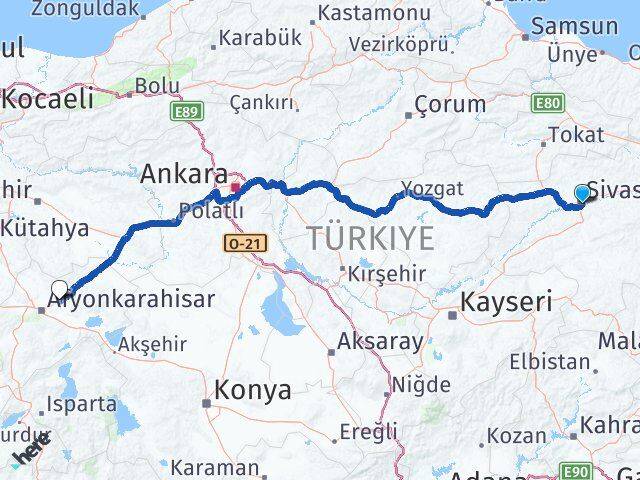Sivas İscehisar Afyonkarahisar Arası Kaç Km - Yol Haritası