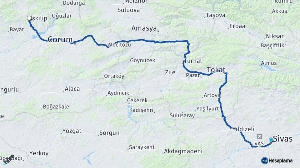 Sivas İskilip Çorum Arası Kaç Km - Yol Haritası