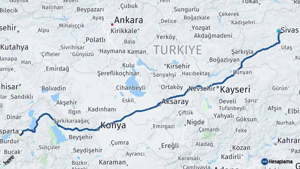Sivas Isparta Arası Kaç Km - Yol Haritası