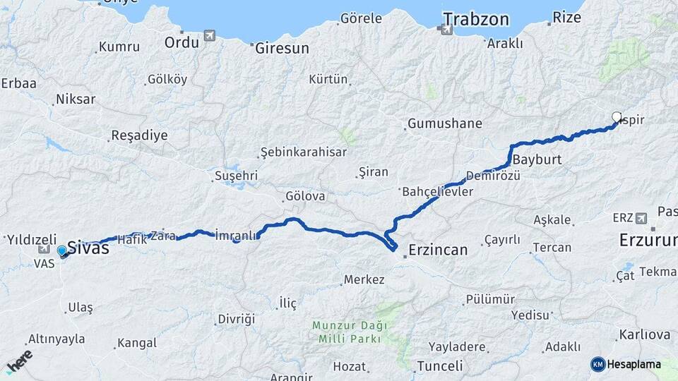 Sivas İspir Erzurum Arası Kaç Km - Yol Haritası