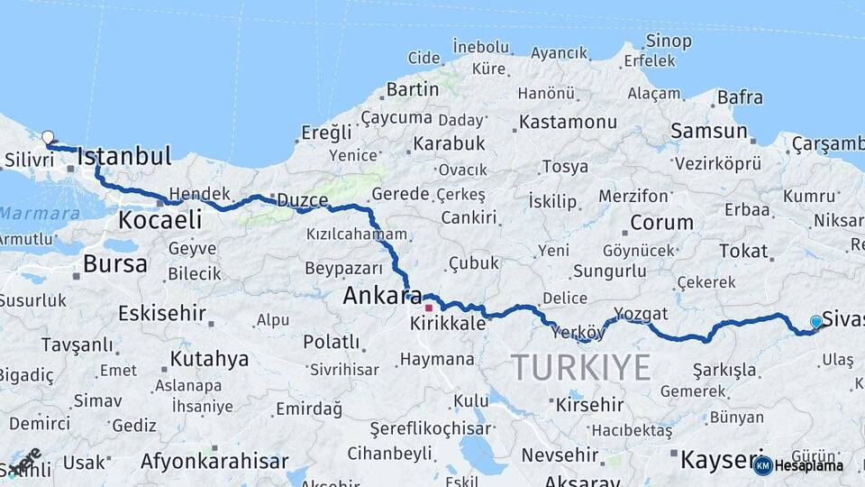 Sivas İstanbul Havalimanı Arası Kaç Km - Yol Haritası