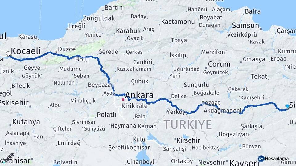 Sivas İzmit Kocaeli Arası Kaç Km - Yol Haritası